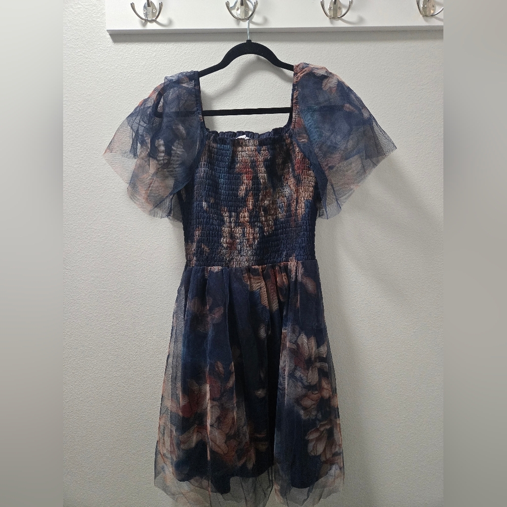 Blue & Peach Floral Tulle Dress